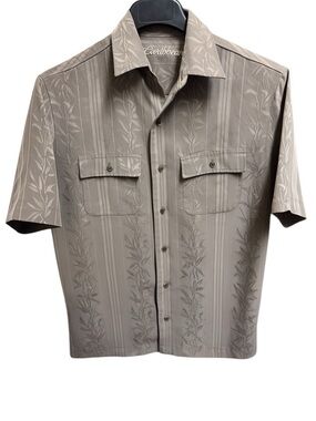 Caribbean Taupe Oversized Tropical Short Sleeve Textured Camp Shirt Sz S